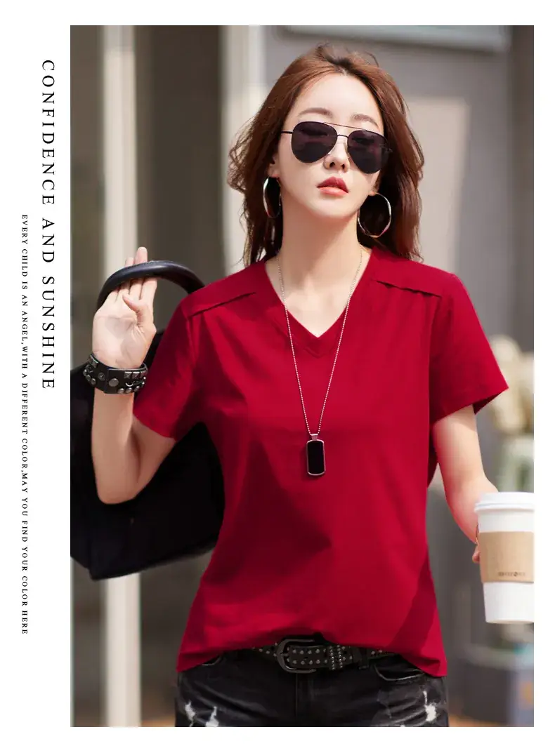 Women 2023 Red Cotton V-Neck T-Shirt Loose Fit — feature 20