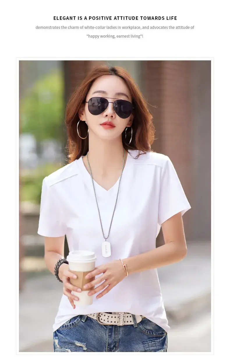 Women 2023 Red Cotton V-Neck T-Shirt Loose Fit — feature 21