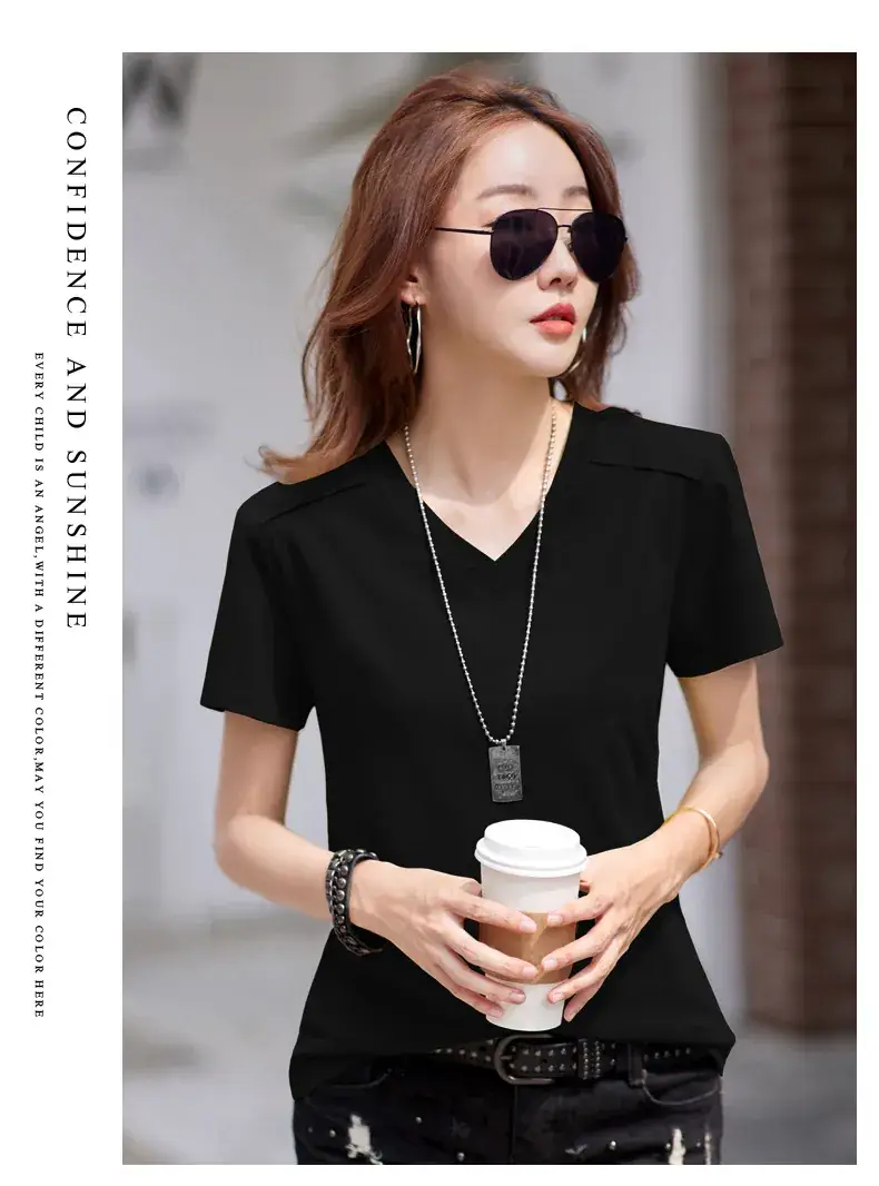 Women 2023 Red Cotton V-Neck T-Shirt Loose Fit — feature 23