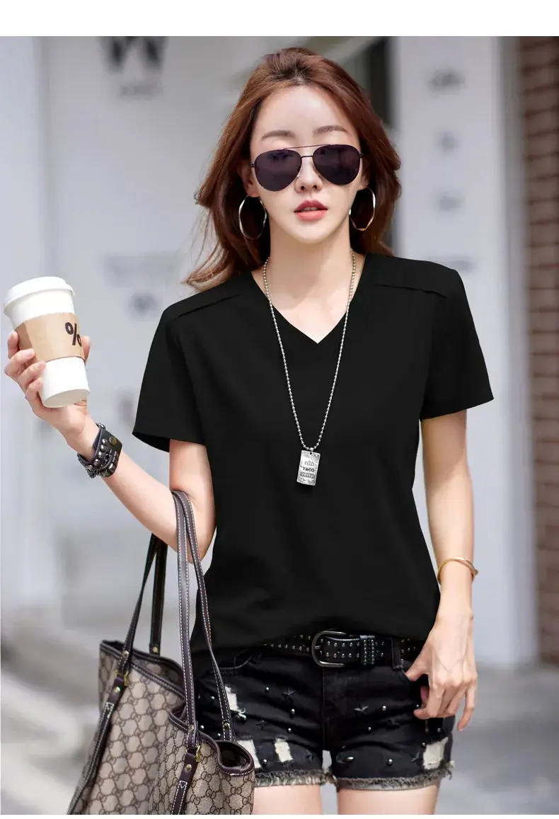 Women 2023 Red Cotton V-Neck T-Shirt Loose Fit — feature 24
