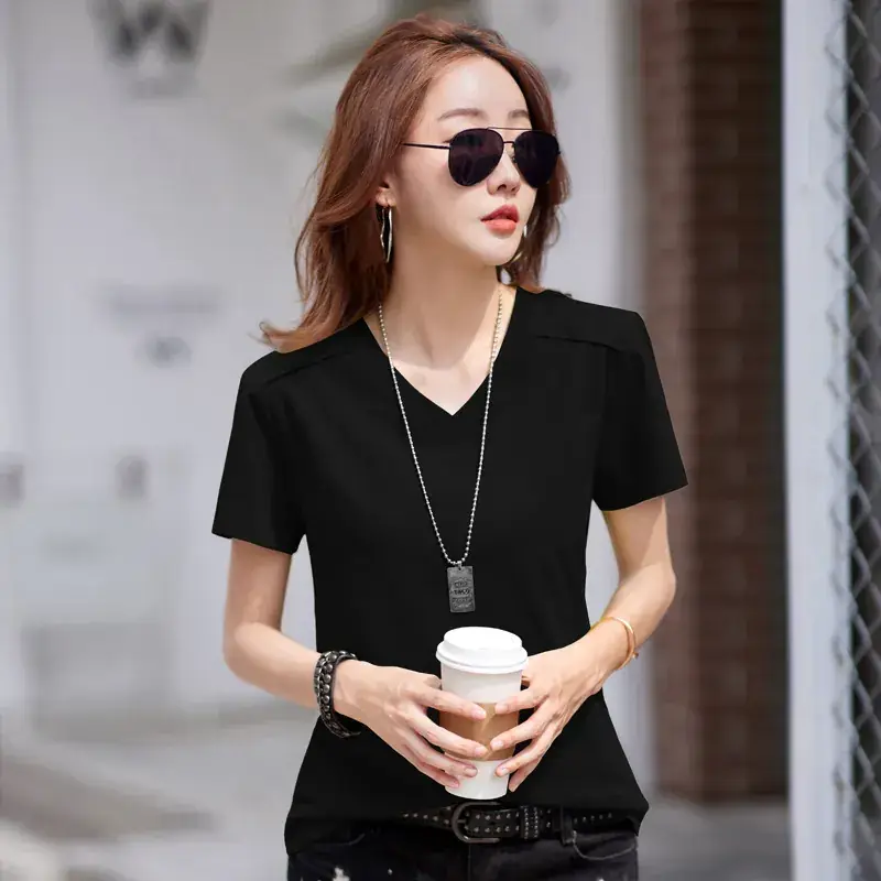 Women 2023 Red Cotton V-Neck T-Shirt Loose Fit - Image 2