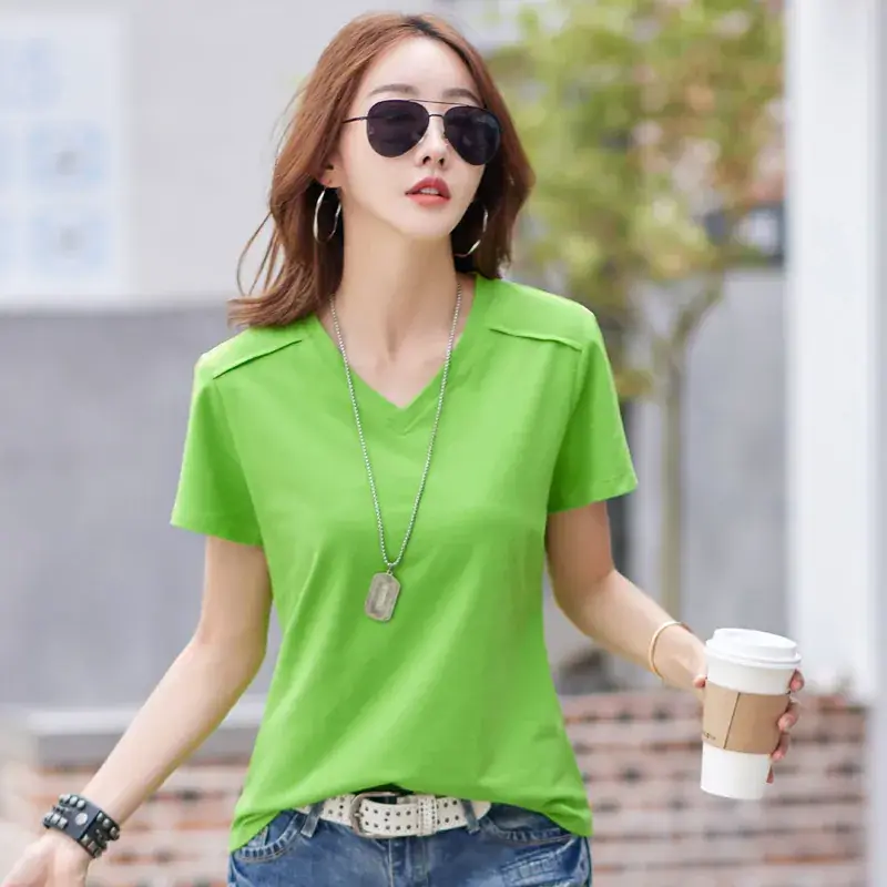 Women 2023 Red Cotton V-Neck T-Shirt Loose Fit - Image 3