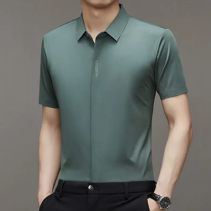Men Navy Blue Short Sleeve Business Shirt with High Elastic - Image 15