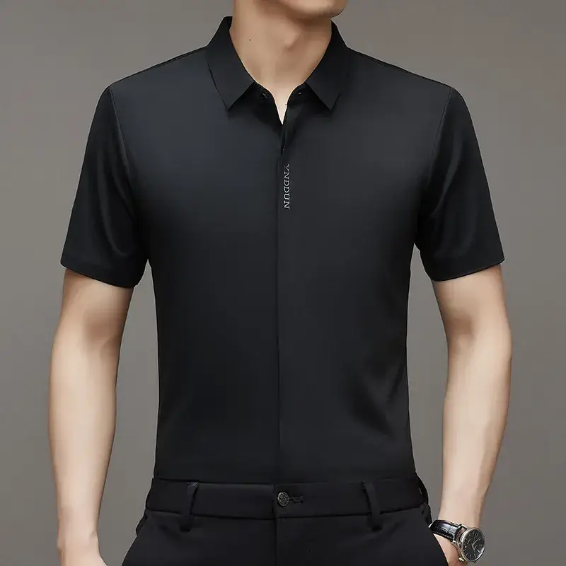 Men Navy Blue Short Sleeve Business Shirt with High Elastic - Image 16