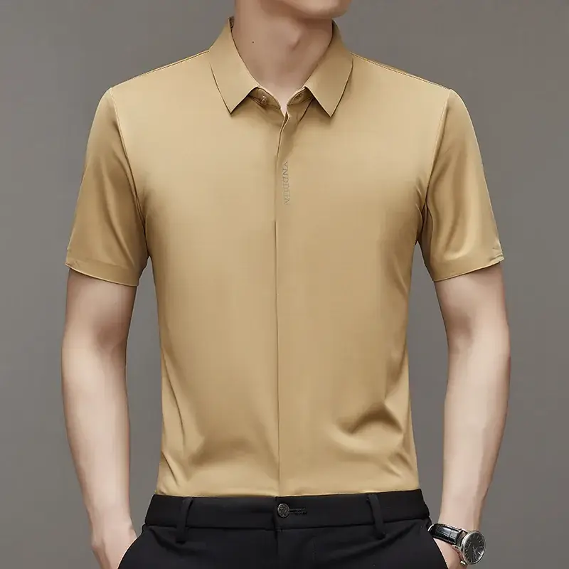 Men Navy Blue Short Sleeve Business Shirt with High Elastic - Image 17