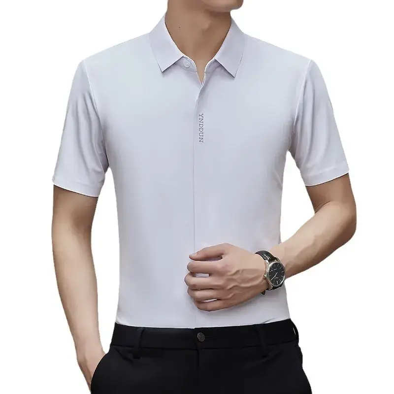 Men Navy Blue Short Sleeve Business Shirt with High Elastic - Image 18