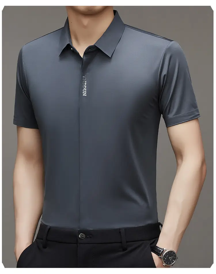 Men Navy Blue Short Sleeve Business Shirt with High Elastic — feature 10