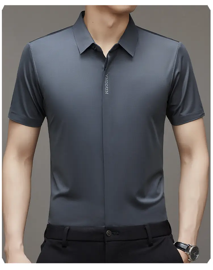 Men Navy Blue Short Sleeve Business Shirt with High Elastic — feature 11