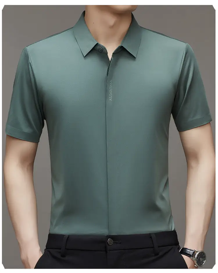 Men Navy Blue Short Sleeve Business Shirt with High Elastic — feature 12