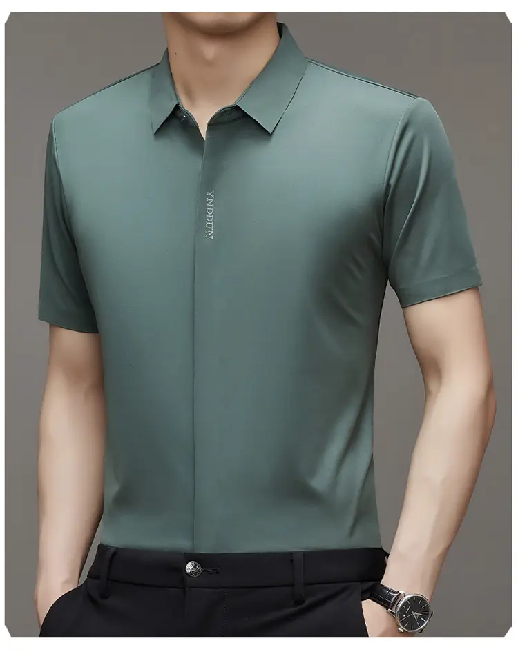 Men Navy Blue Short Sleeve Business Shirt with High Elastic — feature 13