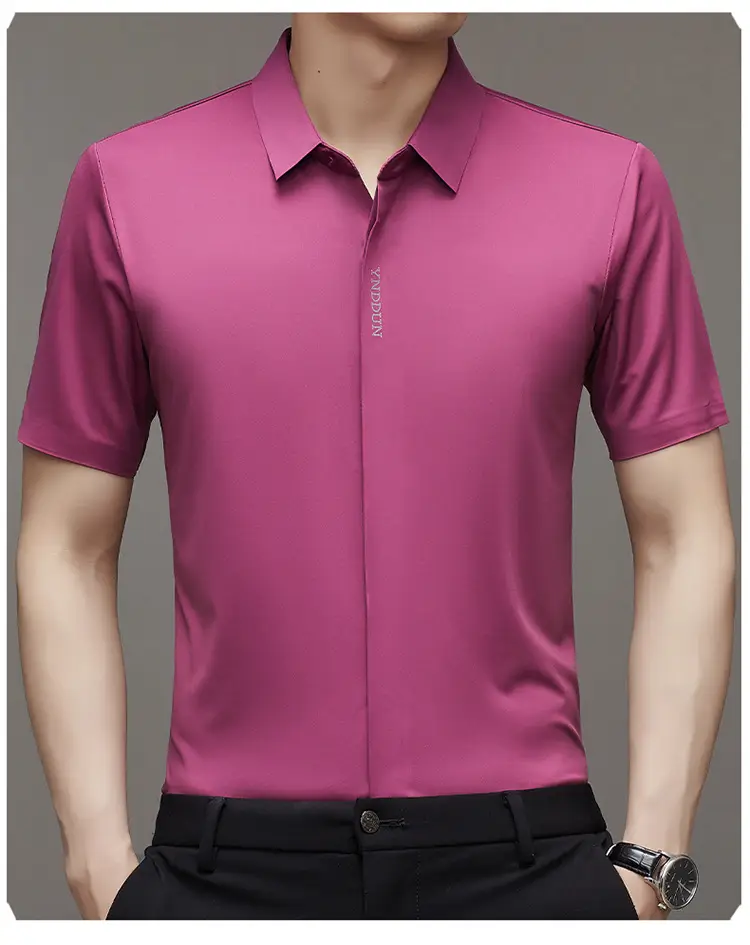 Men Navy Blue Short Sleeve Business Shirt with High Elastic — feature 15