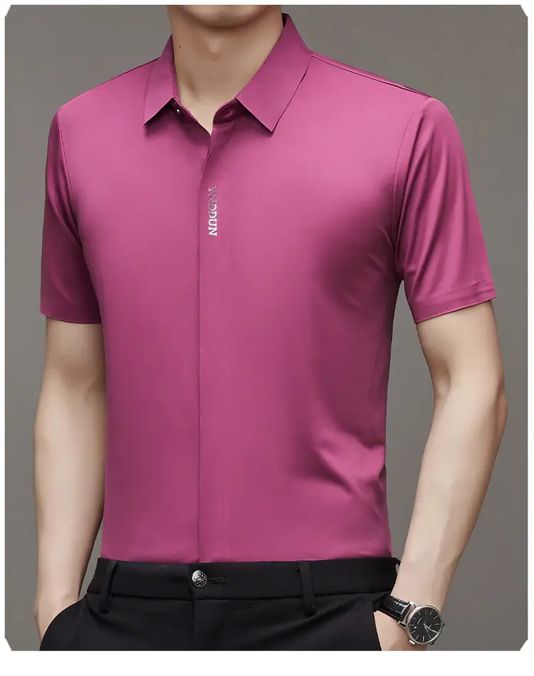 Men Navy Blue Short Sleeve Business Shirt with High Elastic — feature 16