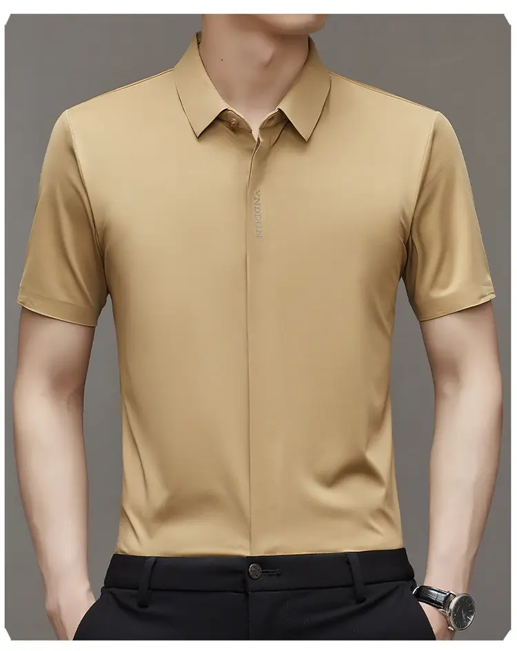 Men Navy Blue Short Sleeve Business Shirt with High Elastic — feature 18