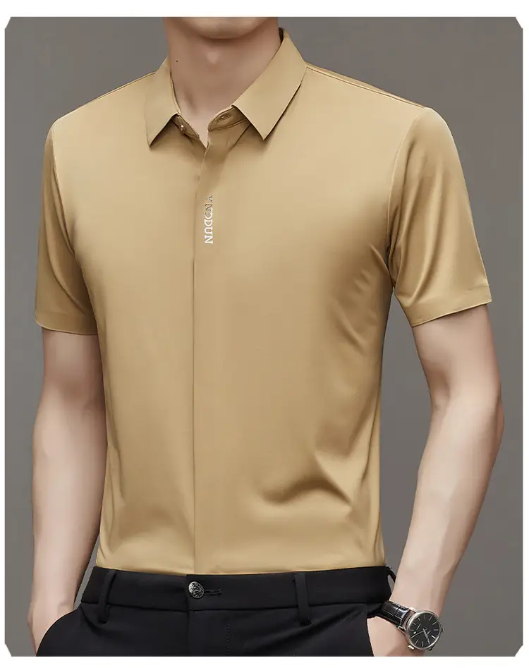 Men Navy Blue Short Sleeve Business Shirt with High Elastic — feature 19