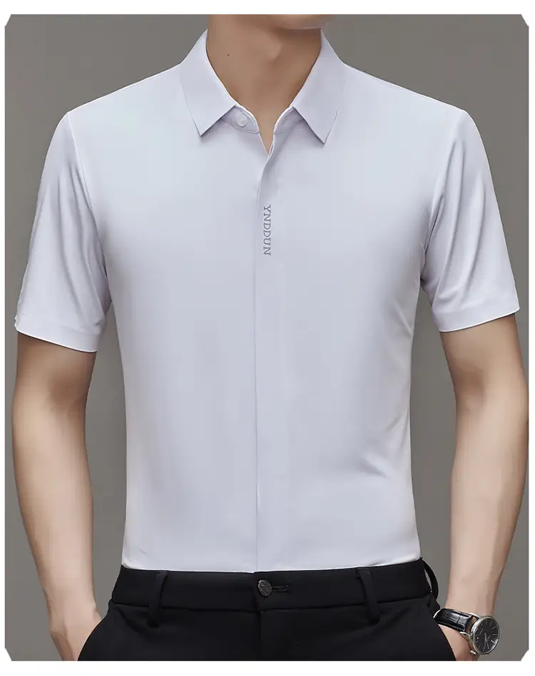 Men Navy Blue Short Sleeve Business Shirt with High Elastic — feature 21