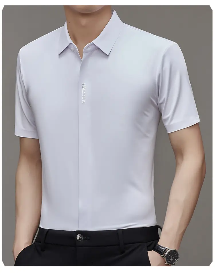 Men Navy Blue Short Sleeve Business Shirt with High Elastic — feature 22