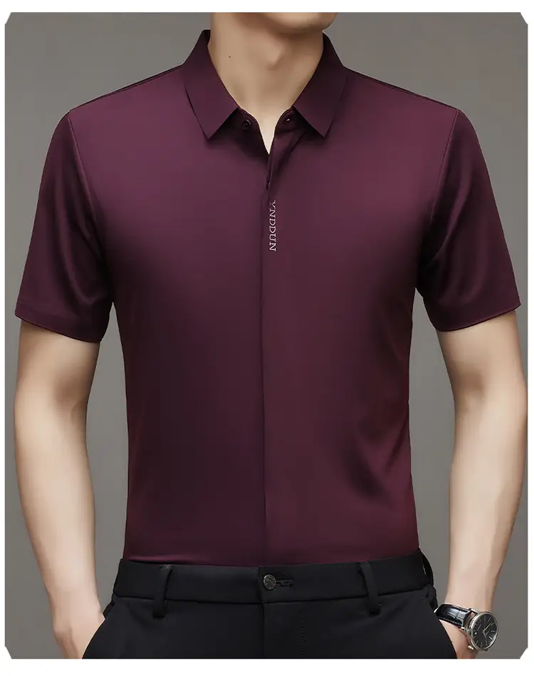 Men Navy Blue Short Sleeve Business Shirt with High Elastic — feature 24
