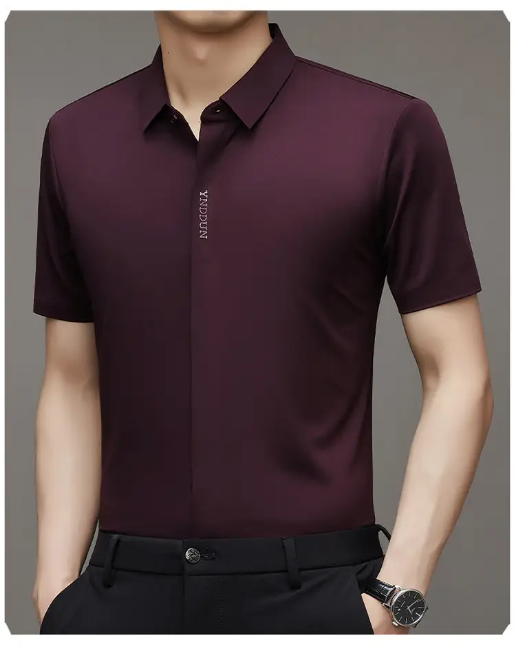 Men Navy Blue Short Sleeve Business Shirt with High Elastic — feature 25