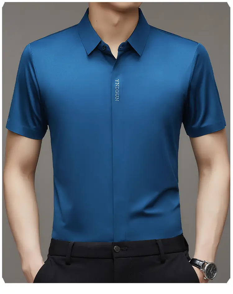 Men Navy Blue Short Sleeve Business Shirt with High Elastic — feature 27
