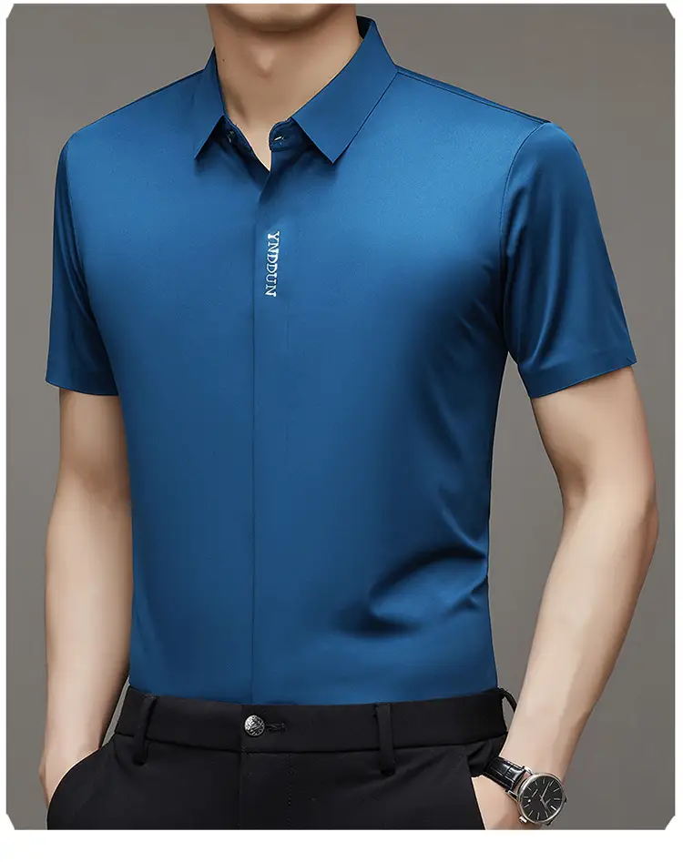 Men Navy Blue Short Sleeve Business Shirt with High Elastic — feature 28