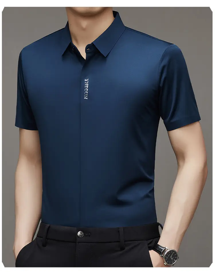 Men Navy Blue Short Sleeve Business Shirt with High Elastic — feature 31