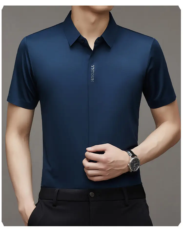 Men Navy Blue Short Sleeve Business Shirt with High Elastic — feature 32