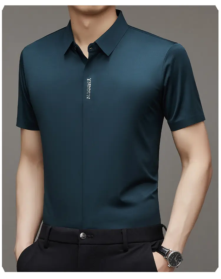 Men Navy Blue Short Sleeve Business Shirt with High Elastic — feature 34