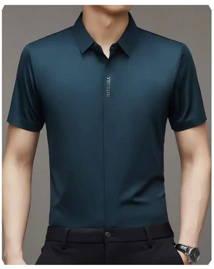Men Navy Blue Short Sleeve Business Shirt with High Elastic — feature 35