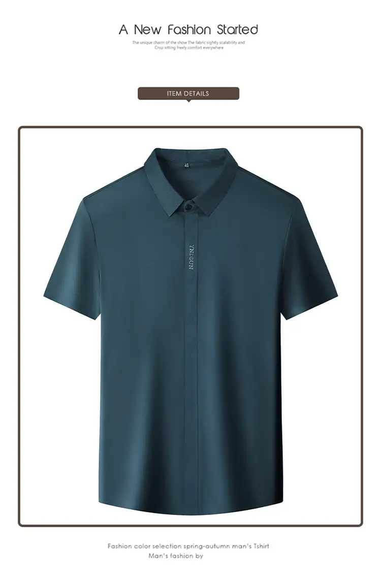 Men Navy Blue Short Sleeve Business Shirt with High Elastic — feature 37