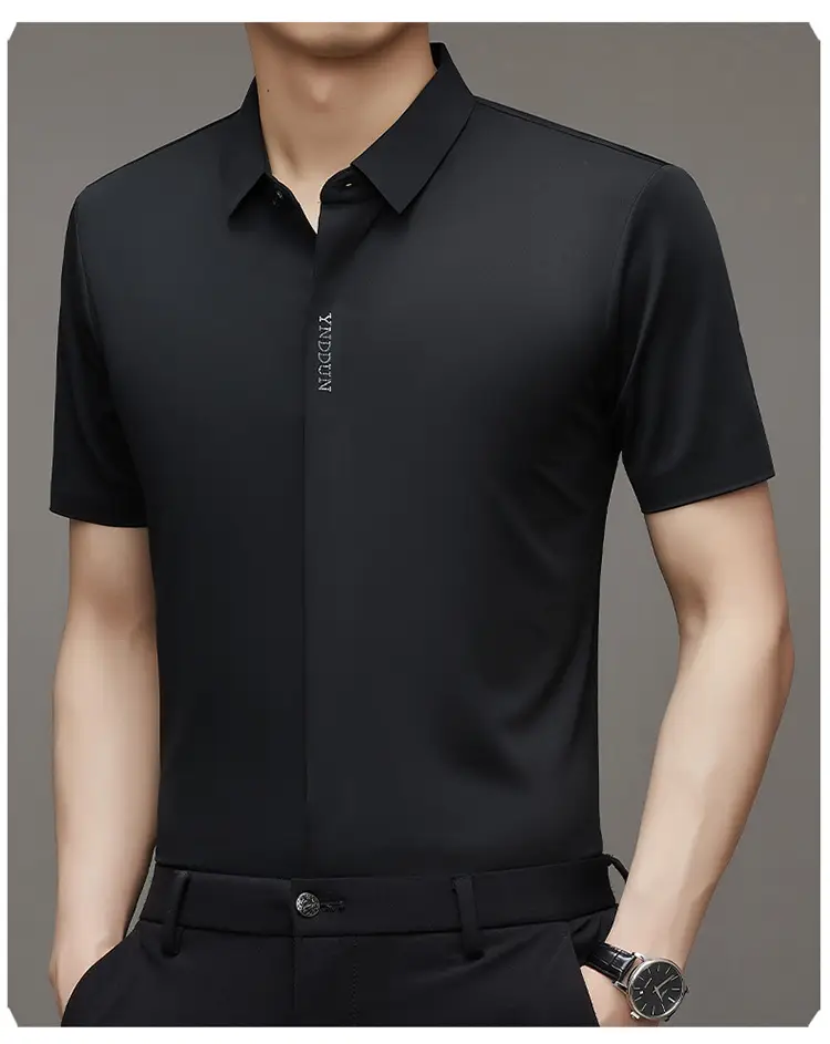 Men Navy Blue Short Sleeve Business Shirt with High Elastic — feature 7