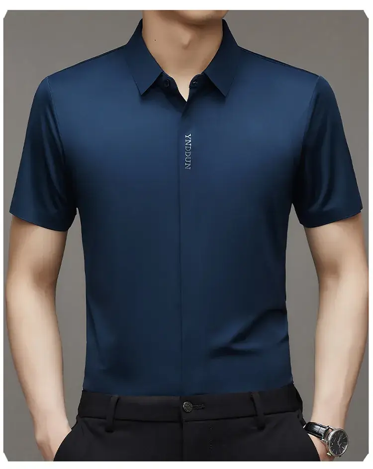 Men Navy Blue Short Sleeve Business Shirt with High Elastic - Image 10