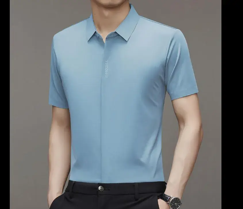 Men Navy Blue Short Sleeve Business Shirt with High Elastic - Image 11