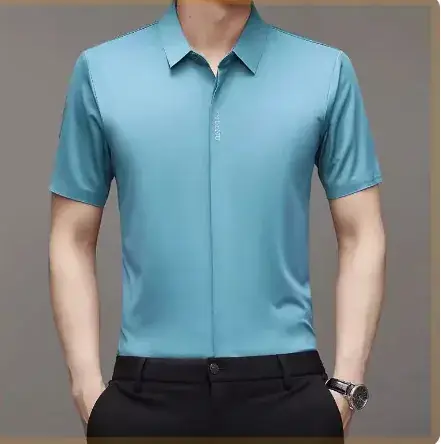 Men Navy Blue Short Sleeve Business Shirt with High Elastic - Image 12