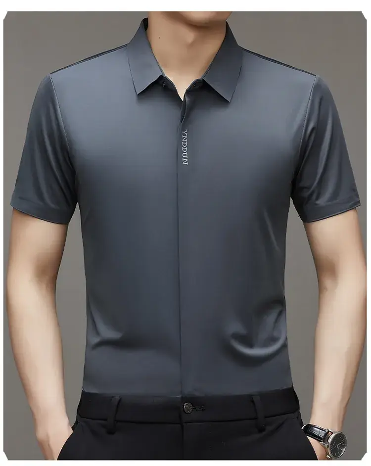 Men Navy Blue Short Sleeve Business Shirt with High Elastic - Image 2