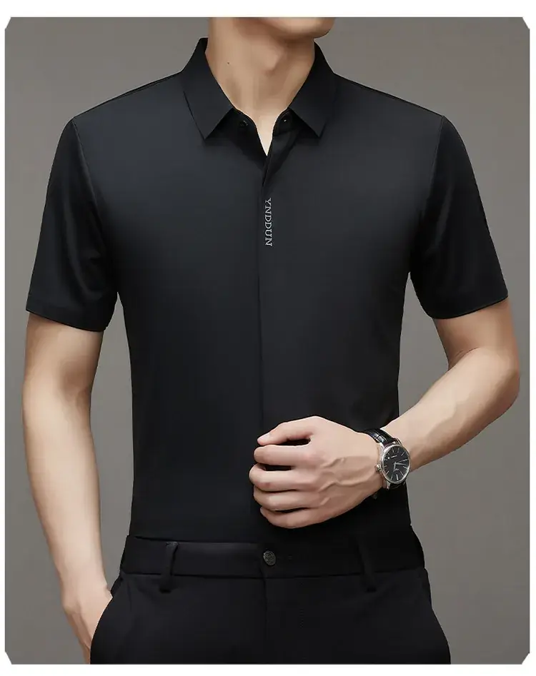 Men Navy Blue Short Sleeve Business Shirt with High Elastic - Image 3