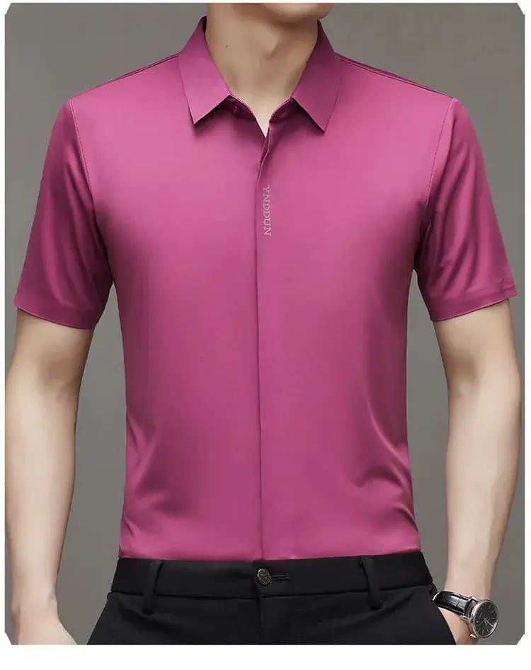 Men Navy Blue Short Sleeve Business Shirt with High Elastic - Image 4