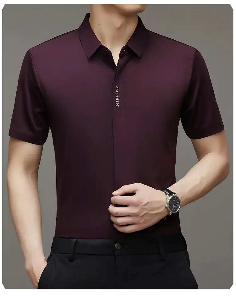 Men Navy Blue Short Sleeve Business Shirt with High Elastic - Image 5
