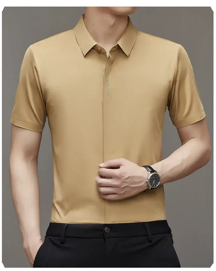 Men Navy Blue Short Sleeve Business Shirt with High Elastic - Image 6