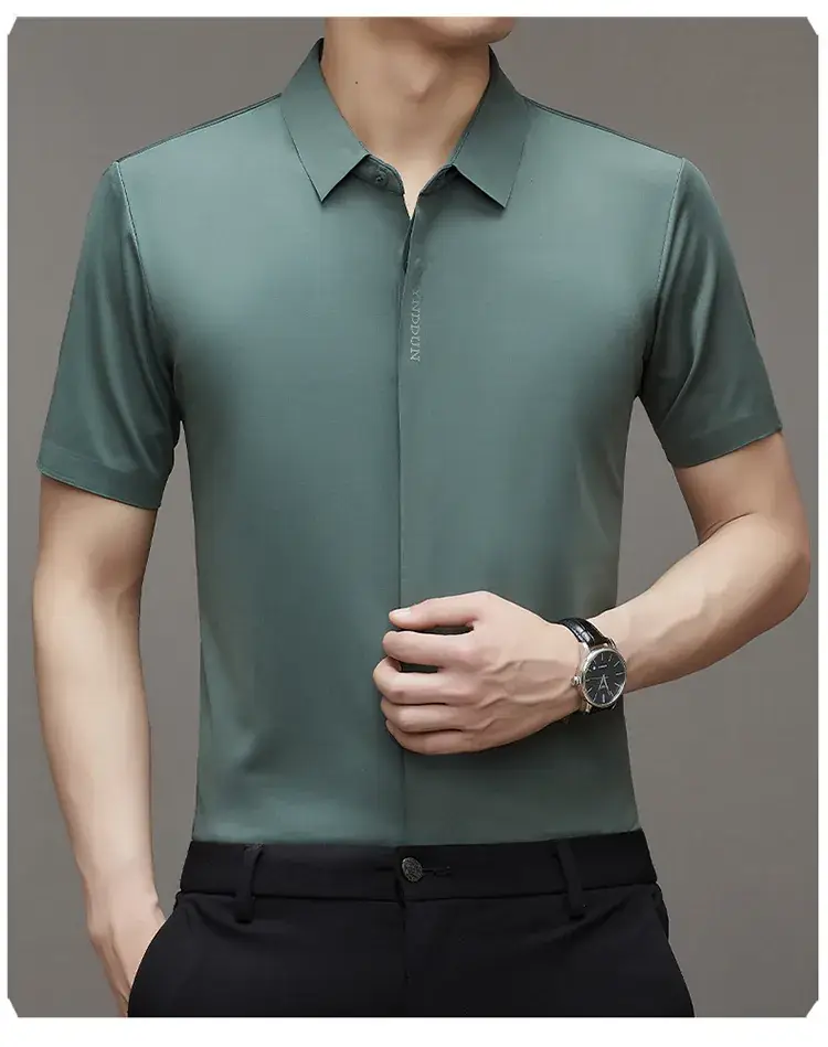 Men Navy Blue Short Sleeve Business Shirt with High Elastic - Image 7