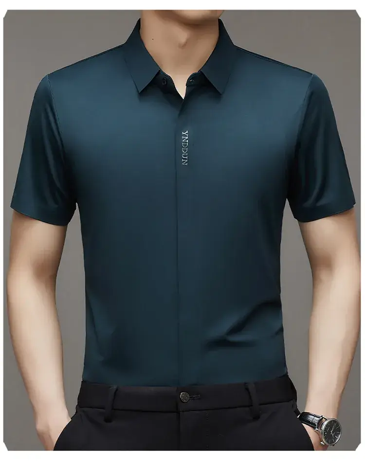 Men Navy Blue Short Sleeve Business Shirt with High Elastic - Image 8