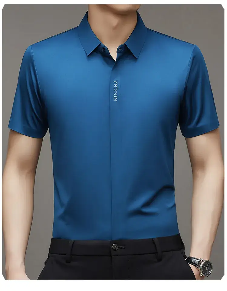 Men Navy Blue Short Sleeve Business Shirt with High Elastic - Image 9