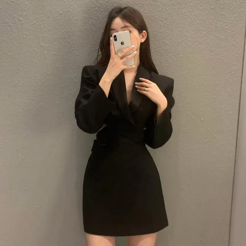 Korean Chic Cross-Waisted Suit Top & Skirt Set for Women