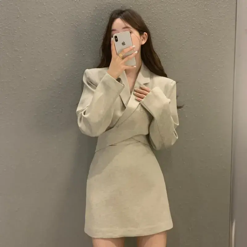 Korean Chic Cross-Waisted Suit Top & Skirt Set for Women