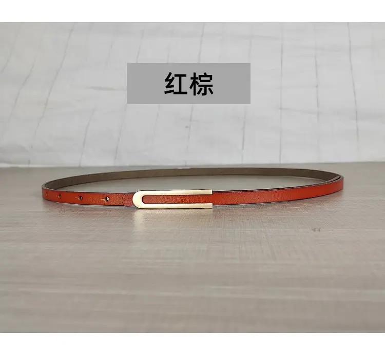 Women's Thin Red Leather Belt with Gold Plated Buckle - Image 2