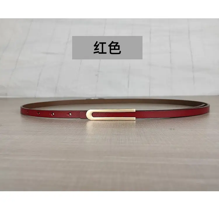 Women's Thin Red Leather Belt with Gold Plated Buckle - Image 7