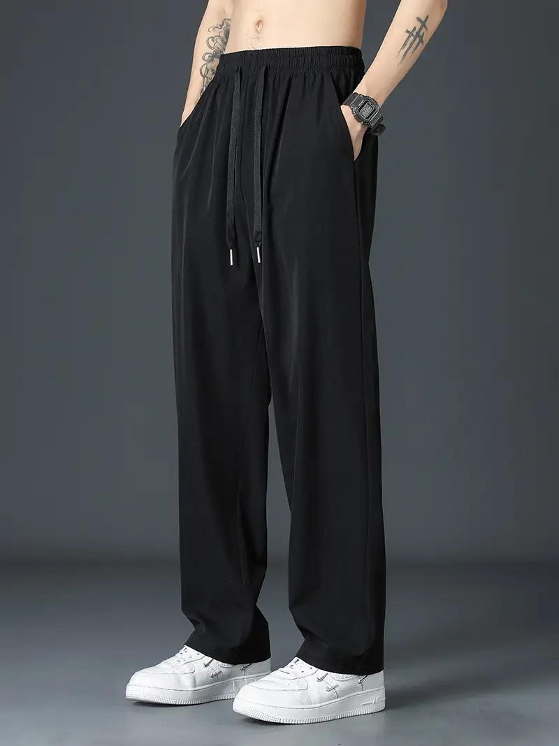 Men's Black Ice Silk Loose Leg Pants Summer Wear - Image 3
