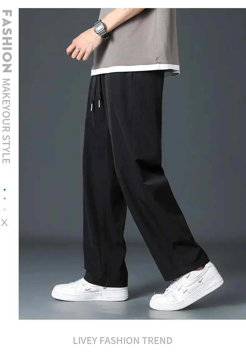Men's Black Ice Silk Loose Leg Pants Summer Wear — feature 10