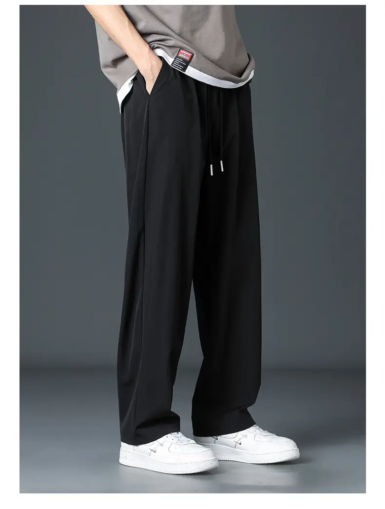 Men's Black Ice Silk Loose Leg Pants Summer Wear — feature 12