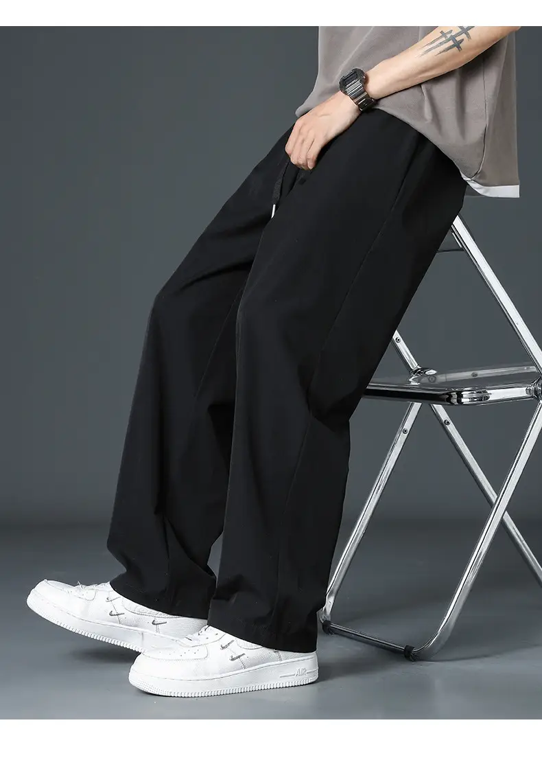 Men's Black Ice Silk Loose Leg Pants Summer Wear — feature 13