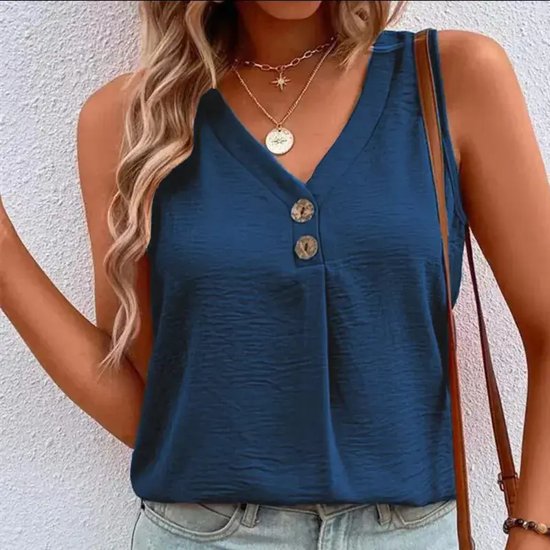 Women Black Button V-Neck Sleeveless Camisole Top - Image 2